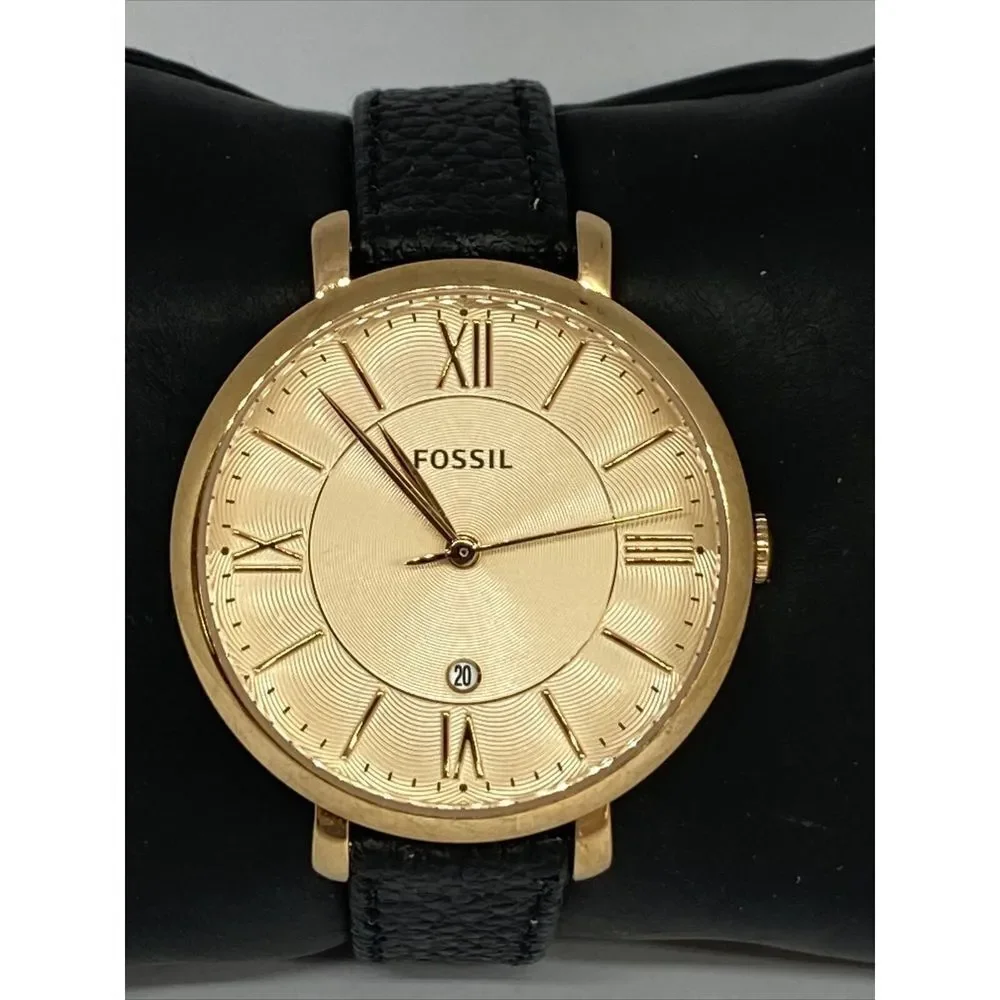 Fossil ES3707 Women's Black Leather Rose Analog Dial Quartz Wrist Watch KS520